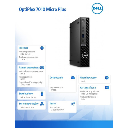 Dell Komputer Optiplex MFF Plus/Core i7-13700T/16GB/512GB SSD/Integrated/WLAN + BT/Kb & Mouse/W11Pro/vPro