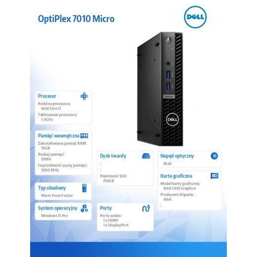 Dell Komputer Optiplex MFF/Core i7-13700T/16GB/256GB SSD/Integrated/WLAN + BT/Kb/Mouse/W11Pro