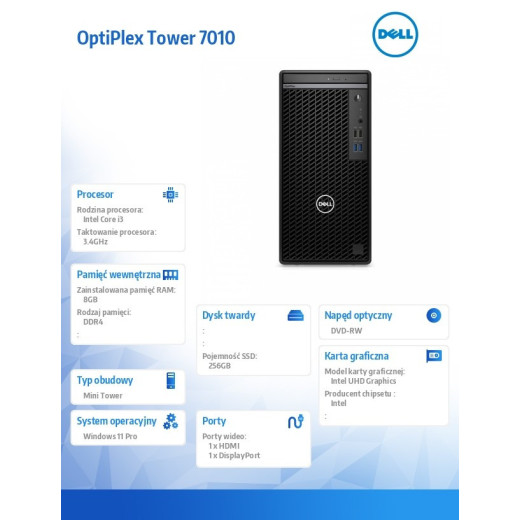 Dell Komputer Optiplex MT/Core i3-13100/8GB/256GB SSD/Integrated/DVD RW +/-8x/No Wifi/Kb/Mouse/180W/W11Pro