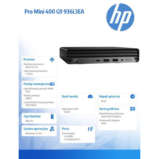 HP Inc. Komputer 400Mini G9Ri5-13500T 8GB/512GB/W11P 936L3EA