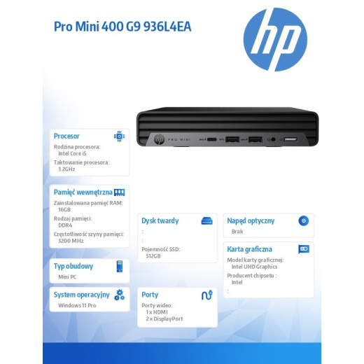 HP Inc. Komputer 400Mini G9Ri5-13500T 16GB/512GB/W11P 936L4EA