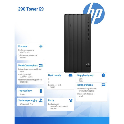 HP Inc. Komputer stacjonarny 290 Tower G9 i5-13500 256GB/16GB/DVDR/W11P 936A7EA