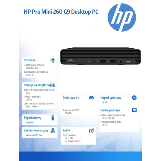 HP Inc. Komputer Pro Mini 260DM G9 i5-1355U 256GB/8GB/W11P 883X4EA
