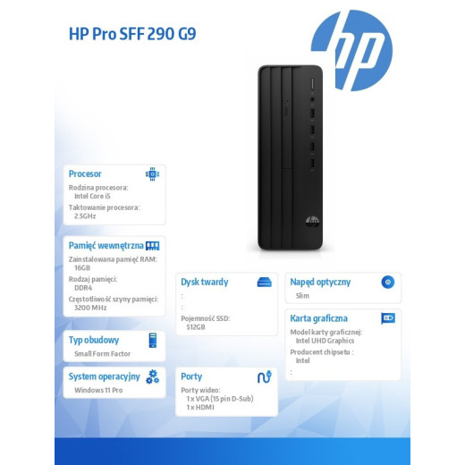 HP Inc. Komputer stacjonarny 290SFF G9R i5-12400 512GB/16GB/DVDR/W11P 9H6A5ET
