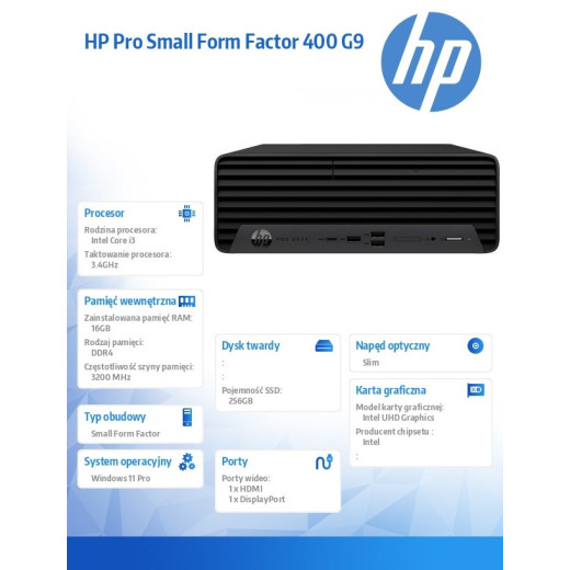 HP Inc. Komputer stacjonarny Pro Small Form Factor 400 G9 i3-13100 256GB/16GB/DVD/W11P 881J2EA