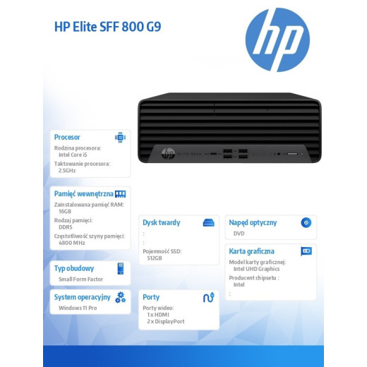 HP Inc. Komputer biurkowy Elite SFF 800 G9 Wolf Pro Security Edition i5-13500 512GB/16GB/DVD/W11P 628N9ET