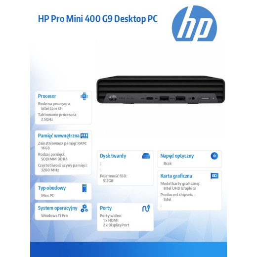 HP Inc. Komputer 400 G9 Mini i3-13100T 512GB/16GB/W11P 936L7EA