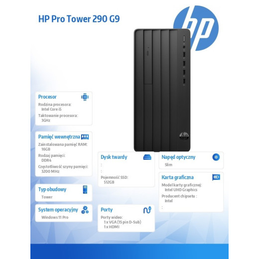 HP Inc. Komputer stacjonarny 290 Tower G9 i5-12500 512GB/16GB/DVDR/W11P 9H6A9ET