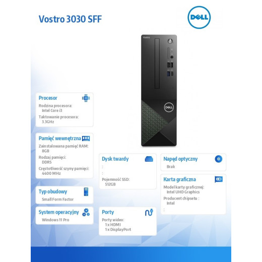 Dell Komputer Vostro 3030 SFF Win11Pro i3-12100/8GB/512GB SSD/Intel UHD 730/WLAN + BT/Kb/Mouse/3YPS
