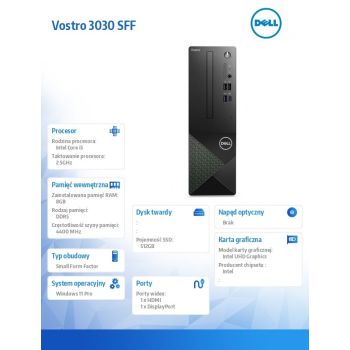 Dell Komputer Vostro 3030 SFF Win11Pro i5-12400/8GB/512GB SSD/Intel UHD 730/WLAN + BT/Kb/Mouse/3YPS