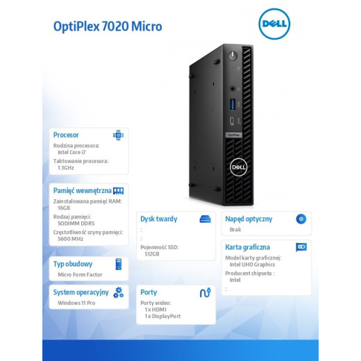 Dell Komputer Optiplex MFF/Core i7-14700T/16GB/512GB SSD/Integrated/WLAN + BT/Kb/Mouse/W11Pro