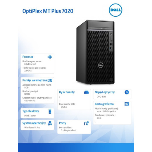 Dell Komputer Optiplex Plus MT/Core i5-14500/8GB/512GB SSD/Integrated/DVD RW/Wireless Kb & Mouse/W11Pro/vPro