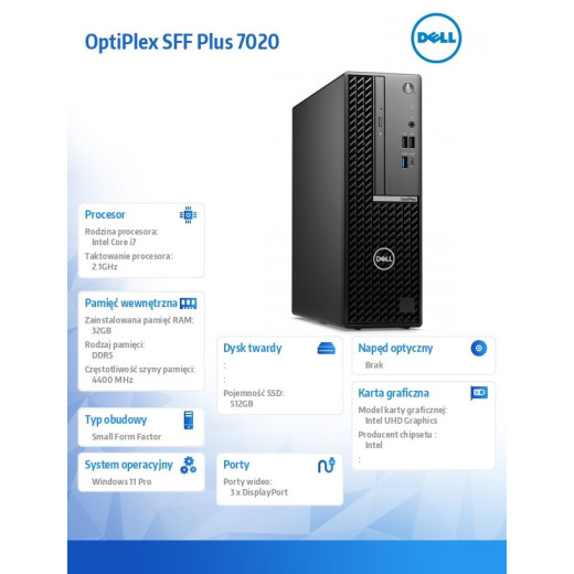 Dell Komputer Optiplex Plus SFF/Core i7-14700/32GB/512GB SSD/Integrated/WLAN + BT/Wireless Kb & Mouse/260W/W11Pro/vPro