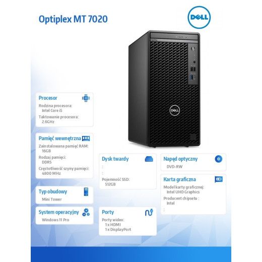 Dell Komputer Optiplex MT/Core i5-14500/16GB/512GB SSD/Integrated/DVD RW/No Wifi/Kb/Mouse/W11Pro