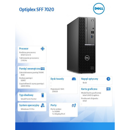 Dell Komputer Optiplex SFF/Core i5-14500/8GB/256GB SSD/Integrated/WLAN + BT/Kb/Mouse/W11Pro