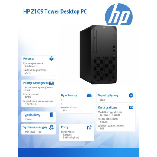 HP Inc. Komputer Z1 Tower G9 i9-14900 1TB/32GB/W11P 8T1G3EA