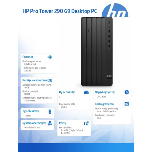HP Inc. Komputer Pro Tower 290 G9 i7-13700 512GB/16GB/DVDR/W11P 883U5EA