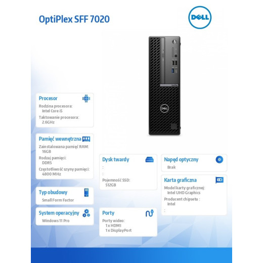 Dell Komputer OptiPlex SFF Win11Pro i5-14500/16GB/512GB SSD/Integrated/WLAN + BT/Smart Card Kb & Mouse/5YRS KYH