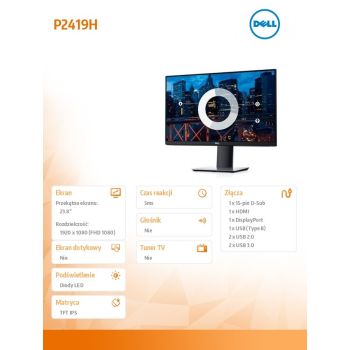 Dell Monitor P2419H 23,8 cali IPS LED Full HD (1920x1080) /16:9/HDMI/DP/VGA/5xUSB/3Y PPG