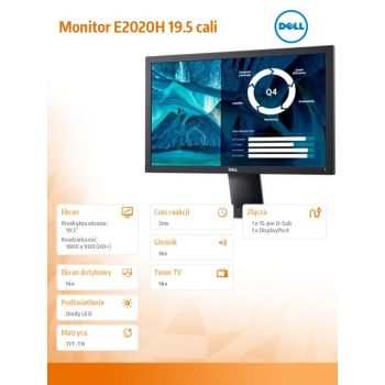 Dell Monitor E2020H 19.5 cali LED TN (1600x900) /16:9/VGA/DP 1.2/3Y PPG
