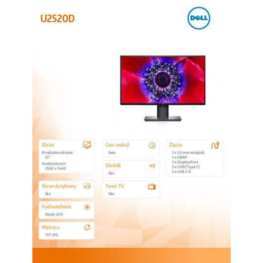 Dell Monitor U2520D 25 cali HDR QHD (2560x1440) /16:9/HDMI/DP/USB-C/2xUSB 3.0/3Y PPG