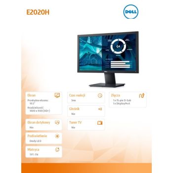 Dell Monitor E2020H 19.5 cali LED TN (1600x900) /16:9/VGA/DP 1.2/5Y PPG