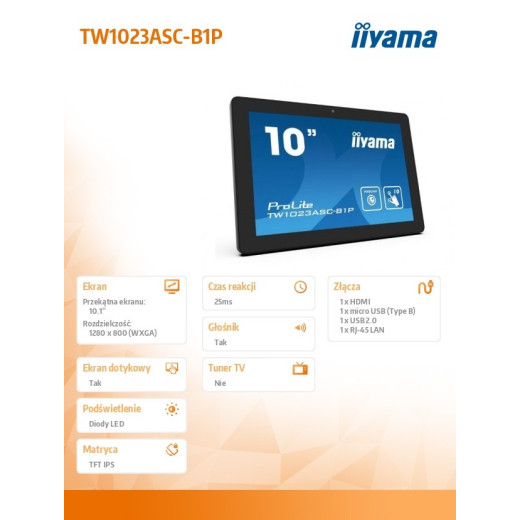IIYAMA Monitor 10 cali TW1023ASC-B1P 10P.DOT.IPS,ANDROID,WIFI,CAM,MIC,USB