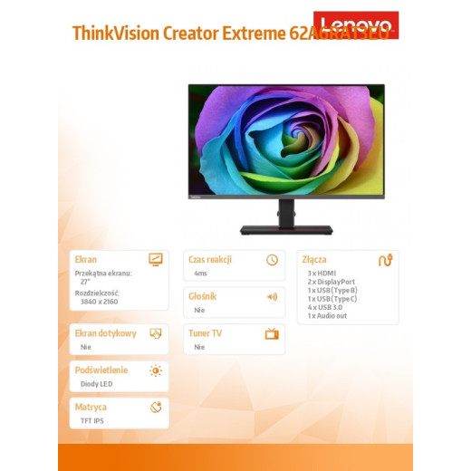Lenovo Monitor 27.0 ThinkVision Creator Extreme LED HDR 62A6RAT3EU