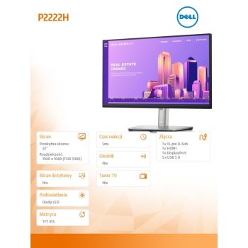 Dell Monitor P2222H 22 cali LED IPS 16:9/1920x1080/DP/VGA/3Y