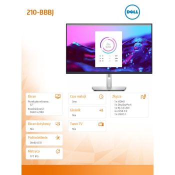Dell Monitor P3222QE 32 cale IPS LED 4K (3840x2160)/16:9/HDMI/DP/USB-C/4xUSB 3.2/RJ45/3 AES