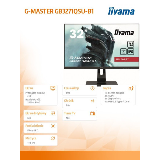 IIYAMA Monitor 31.5 cala GB3271QSU-B1 QHD,1ms,IPS,165Hz,HDMI,DP,400cd,FreeSync