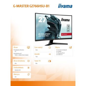IIYAMA Monitor 27 cali G2766HSU-B1 VA,165HZ,1500R,1MS,DP,HDMIx2,USB,FreeSync