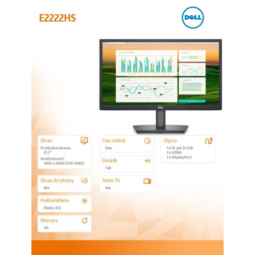 Dell Monitor E2222HS 21.5 cali LED 1920x1080/VGA/HDMI/DP/3Y