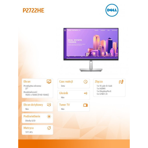 Dell Monitor P2722H 27 cali LED IPS FHD/16:9/VGA/HDMI/DP/5Y