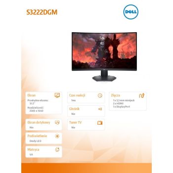 Dell Monitor S3222DGM 31,5 cali VA 2560x1440/2xHDMI/DP/3Y