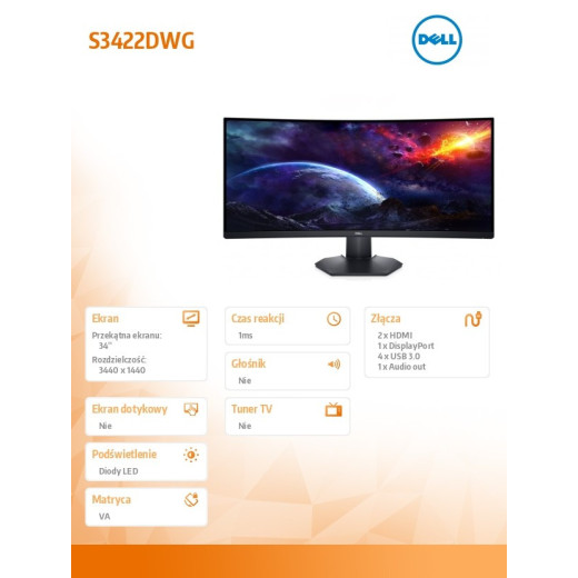 Dell Monitor S3422DWG 34 cale VA LED 21:9/3440x1440/HDMI/DP/3Y