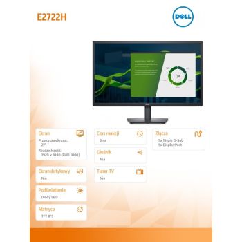 Dell Monitor E2722H 27 cali LED IPS 1920x1080/VGA/DP/3Y