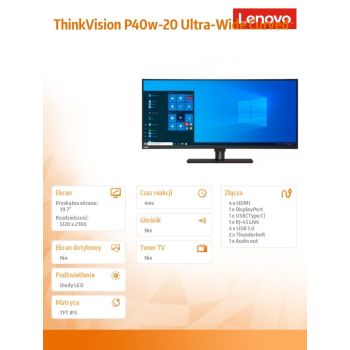Lenovo Monitor 39.7 ThinkVision P40w-20 Ultra-Wide Curved LCD 62DDGAT6EU