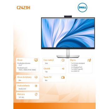Dell Monitor Video Conferencing C2423H 23,8 cali LED IPS Full HD (1920x1080)/16:9/HDMI/DP/Kamera/Głośniki/Mikrofon/3Y AES&PPG