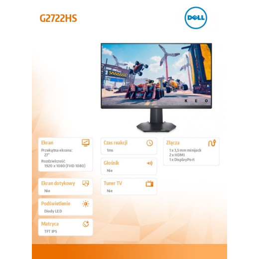 Dell Monitor G2722HS 27 cali Gsync/FreeSync 165Hz IPS LED Full HD (1920 x 1080)/16:9/DP 1.2/HDMI/3Y AES&PPG