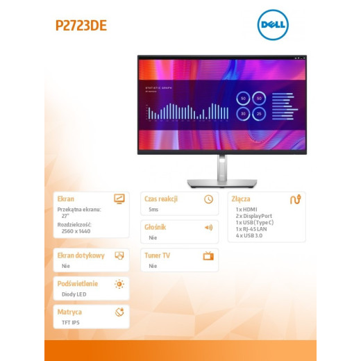 Dell Monitor P2723DE 27 cali IPS LED QHD (2560x1440)/16:9/HDMI/DP/USB-C/4xUSB 3.2/RJ45/3Y AES&PPG