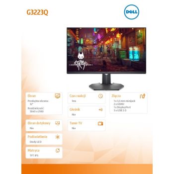 Dell Monitor G3223Q 32 cali FreeSync 144Hz IPS LED 4K (3840x2160)/16:9/DP/2xHDMI/USB-B/USB/3Y AES&PPE