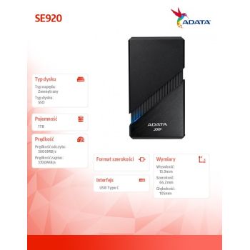 Adata Dysk zewnętrzny SSD SE920 1TB USB4C 3800/3700 MB/s czarny