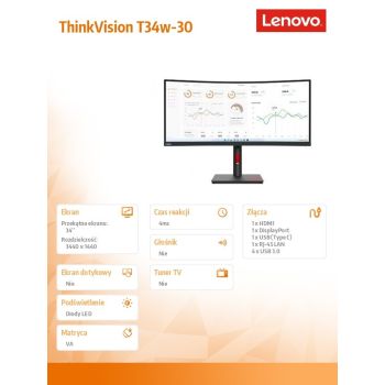 Lenovo Monitor 34 cale ThinkVision T34w-30 WLED LCD 63D4GAT1EU
