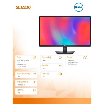 Dell Monitor SE3223Q 31.5 cali VA 3840x2160/2xHDMI/DP/3Y