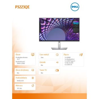Dell Monitor P3223QE 31.5 cala IPS LED 4K (3840x2160)/16:9/HDMI/DP/USB-C/ 4xUSB/RJ45/3Y