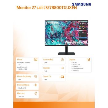 Samsung Monitor 27 cali ViewFinity S8 IPS 3840x2160 UHD 16:9 1xHDMI 2xTB 4.0 (90W/15W) 3xUSB 3.0 LAN 5ms DCh PinP/PbyP 60Hz