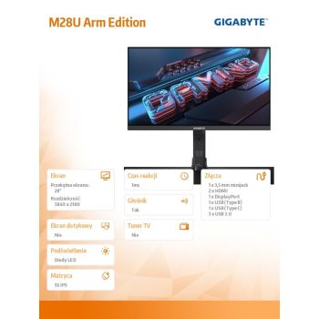 Gigabyte Monitor 28 cali M28U Arm Edition EK IPS/1ms/1MLN:1/UHD/HDMI