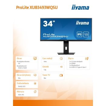 IIYAMA Monitor 34 cale XUB3493WQSU IPS,UWQHD,DP,HDMI,HAS(150mm)