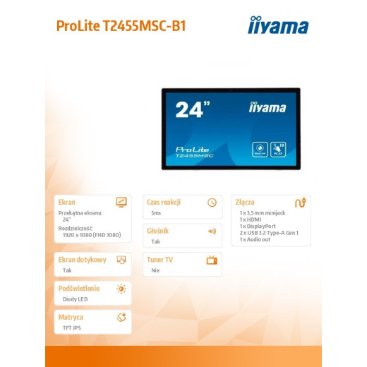 IIYAMA Monitor dotykowy 24 cale T2455MSC-B1 POJ.10PKT.IPS,HDMI,DP,USB3.0,CAM,MIC